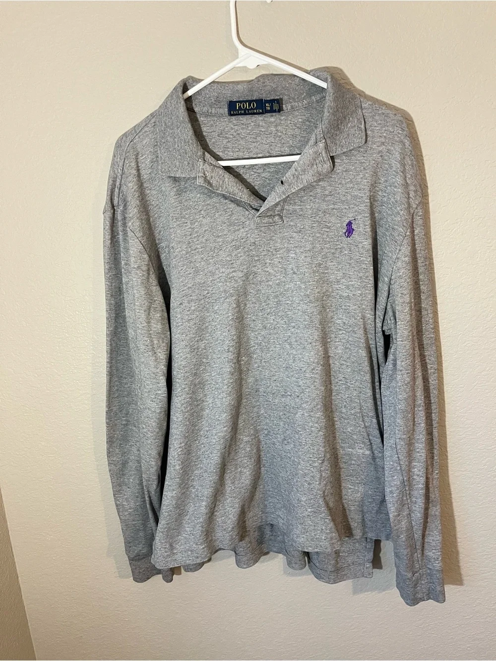 Polo Ralph Lauren Men XL Gray Long Sleeve Polo Purple Pony 100% Cotton Preppy